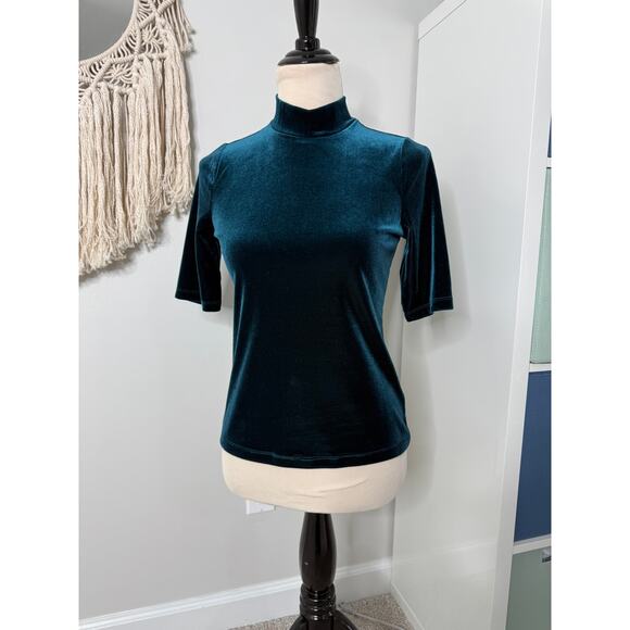 Banana Republic Teal Blue Green Velvet Mock Neck Half Sleeve Blouse Top Small - Picture 1 of 6